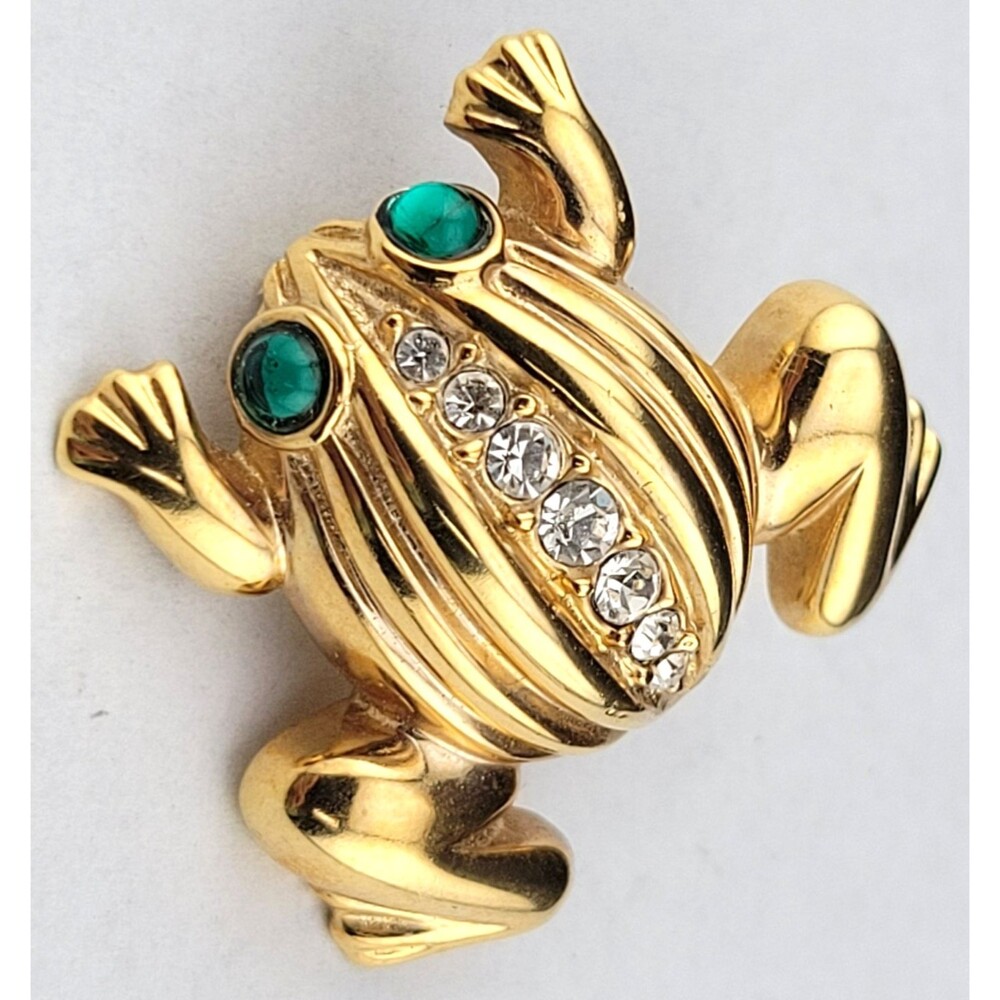 Little 1" Vintage Signed Krementz Frog Green White Crystal Gold Fill Brooch Pin